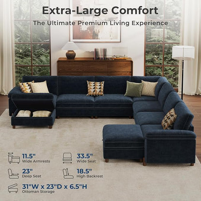 SITJOY Large Cloud Couch, 138" Wide 7 Seater V Shape, Chenille in Navy Blue | Detachable and Washable Chenille Cover Sectional Sofas for Living Room, Deep Seat Wide Couch with Chaise, Storage Ottoman