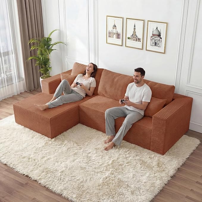 108" Modular Sectional Sofa,L-Shaped Cloud Couch with Deep Seats & Chaise,Convertible 4-in-1 Corduroy Boneless Couches for Living Room,Bedroom,No-Assembly,Brown(Left Facing Chaise)