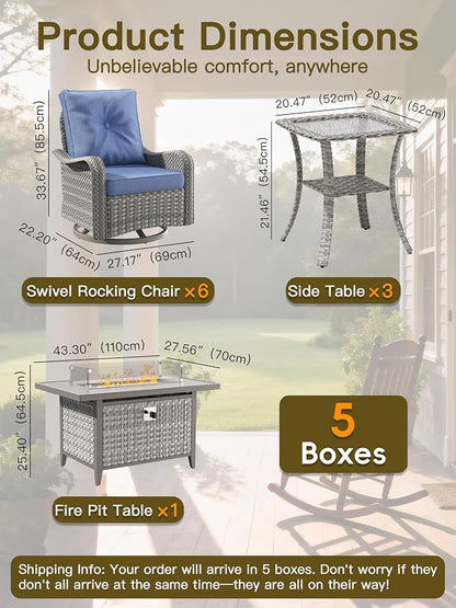 10-Piece Outdoor Conversation Set with 43" Fire Pit Table, 6 Swivel Rocking Chairs (4" Cushions) & 3 Side Tables, All-Weather PE Rattan & Steel Frame for Porch, Deck, Backyard, Blue