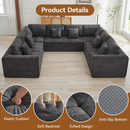 140''Modular Sectional Couches for Living Room, Cloud Boneless Compressed Sectional Sofa, Oversized U Shaped 8 Seater Upholstered Memory Foam Sofa, No Assembly, Chenille Grey