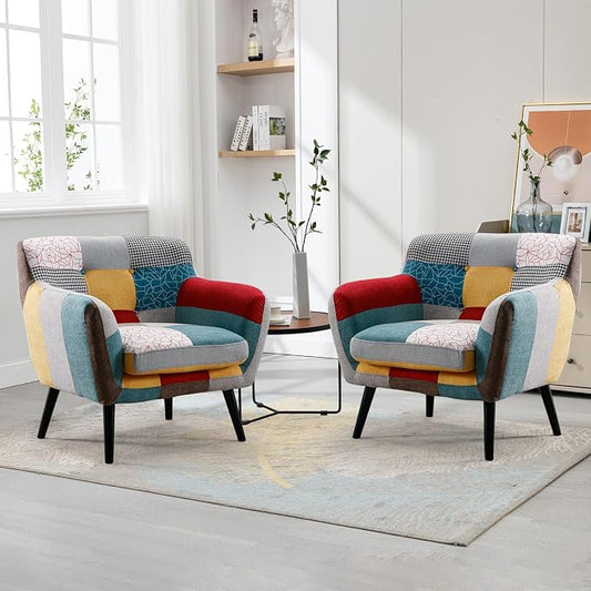 Bonzy Home Modern Accent Chair Set of 2 for Living Room, Colorful Boho Linen Fabric Upholstered Armchair with Wood Legs, 2 Single Chairs