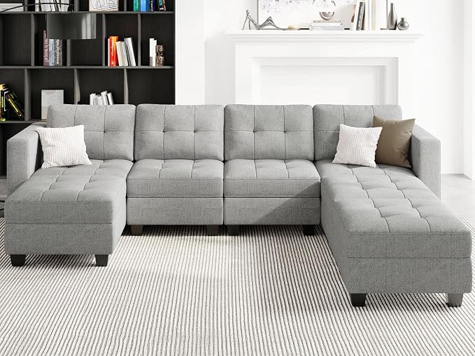 Belffin Modular Storage U-Shape Sectional Sofa Couch with Reversible Chaises 7-seat Sofa with Storage Seat Modular Sectional Sofa Set with Ottomans Modern Fabric Light Grey