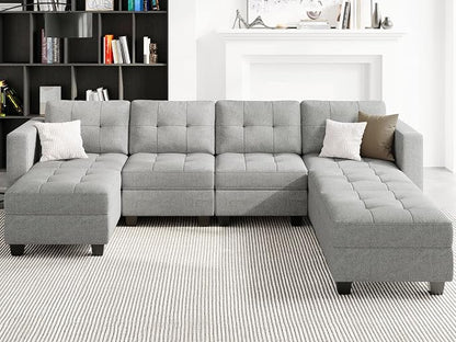 Belffin Modular Storage U-Shape Sectional Sofa Couch with Reversible Chaises 7-seat Sofa with Storage Seat Modular Sectional Sofa Set with Ottomans Modern Fabric Light Grey