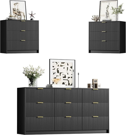 Furniway 3 Piece Bedroom Set, 9 Drawer Dresser and Nightstand Set of 2 with Gold Handles, Modern Wood Chest of Drawers Storage Cabinet for Bedroom, Black
