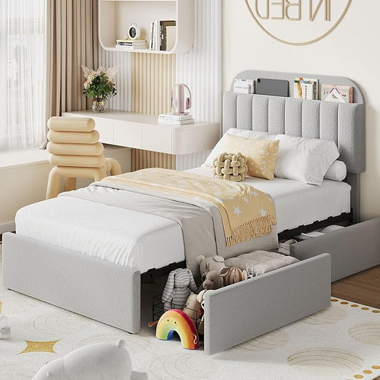 IDEALHOUSE Twin Bed Frame for Kids, Boucle Upholstered Platform Bed for Boys/Girls with 2 Flexible Drawers, Bookcase Headboard, Noise-Free, Easy Assembly, No Box Spring Needed, Gray