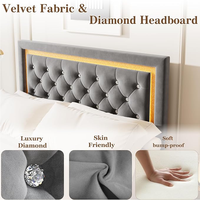 Garvee Floating Bed Frame Full Size with Smart Led Lights, Upholstered Platform Bed with Diamond Headboard, Solid Wood Slats Support, No Box Spring Needed, Noise-Free, Easy Assembly, Grey