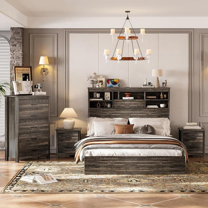 5 Piece Bedroom Furniture Sets, Rustic Style Bedroom Furniture Sets with 1 Queen Size Platform Bed, 2 Drawers and 1 Dresser for Living Room, Farmhouse Bedroom Set, Antique Gray