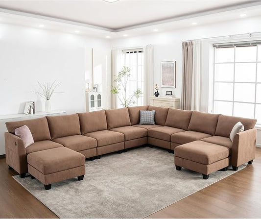 150.4" Large Sectional Couches for Living Room, 8 Seater L Shaped Modular Sectional Sofa with Two Storage Ottomans & USB, Oversized Corner Couch for Living Room（Brown）