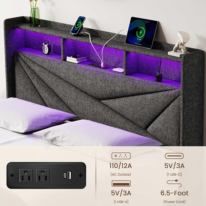 Driftalia LED King Size Bed Frame with 2 Storage Drawers, Upholstered King Bed Frame with Headboard and Charging Station, No Box Spring Needed, Easy to Assembly-Dark Grey