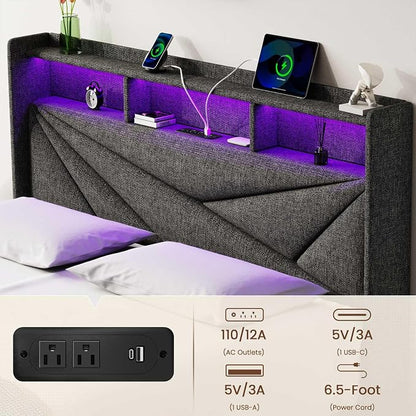 Driftalia LED King Size Bed Frame with 2 Storage Drawers, Upholstered King Bed Frame with Headboard and Charging Station, No Box Spring Needed, Easy to Assembly-Dark Grey
