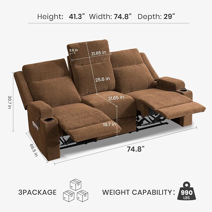 75'' Manual Reclining Sofa with Storage Drawer, 3 Seat Wall Hugger Recliner Couch with Cup Holders, Side Pockets, Chenille Fabric, Compact 3-Person Recliner for RV, Living Room, Apartment (Brown)