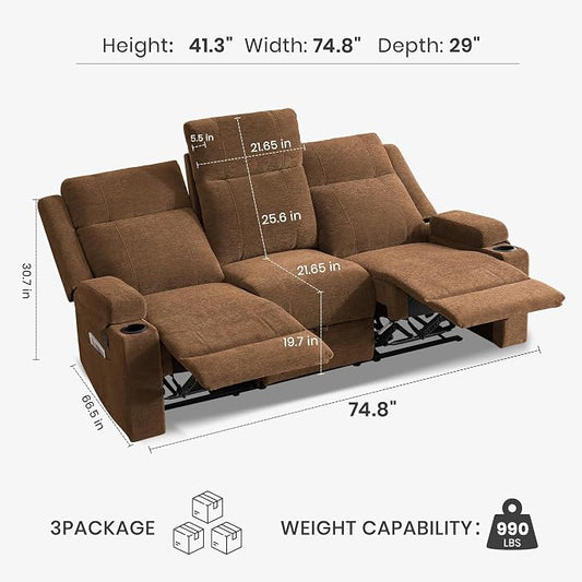 75'' Manual Reclining Sofa with Storage Drawer, 3 Seat Wall Hugger Recliner Couch with Cup Holders, Side Pockets, Chenille Fabric, Compact 3-Person Recliner for RV, Living Room, Apartment (Brown)