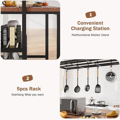 GarveeHome Kitchen Island with Storage, 42''Island Table for Kitchen with Seating Bakers Rack Microwave Oven Stand Shelf with 3 Tier Storage Shelf for Dining Room Living Room, 5 Hooks 42"*28"*72"