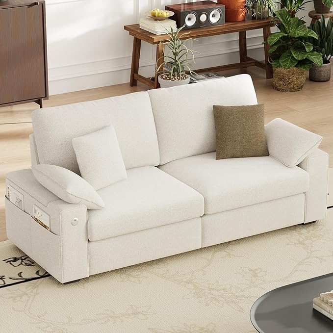 MALOL 76" Loveseat Couch, 3 Seater Upholstered Midcentury Mondern Love Seat with USB Type C Ports, 4 Pillows and Storage Armrest Cloud Foam Sofa for Living Room/Small Spaces, Beige | Breathable material
