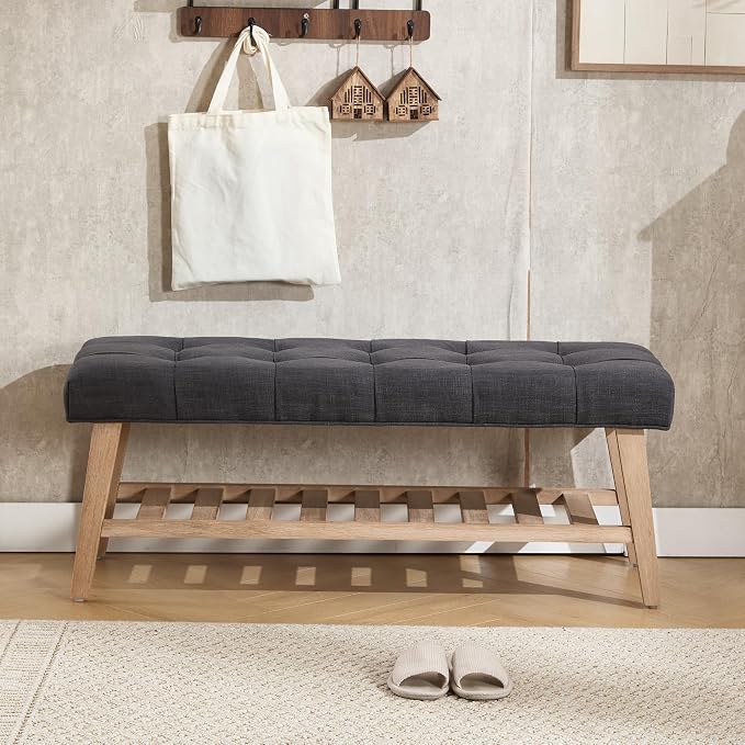 Kmax Entryway Bench with Shoe Storage, Fabric Upholstered Tufted Wood Storage Bench for Living Room Window Bench for Bedroom End of Bed - Linen, Charcoal