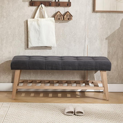 Kmax Entryway Bench with Shoe Storage, Fabric Upholstered Tufted Wood Storage Bench for Living Room Window Bench for Bedroom End of Bed - Linen, Charcoal