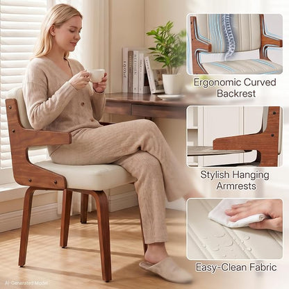 Dining Chairs Set of 6 with Hanging Armrest Beige | Set of 6 luxury chairs featuring exclusive hanging armrests and a premium walnut bentwood frame with elegant beige upholstery