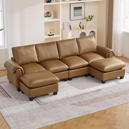 118" Faux Leather Modular Sectional Sofa with 2 Ottoman, Oversized 4 Seater Couch with Curved Armrests, Cloud Modern U-Shaped Sofa Deep Seat for Living Room, Light Brown