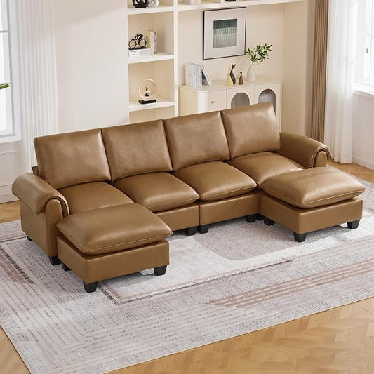 118" Faux Leather Modular Sectional Sofa with 2 Ottoman, Oversized 4 Seater Couch with Curved Armrests, Cloud Modern U-Shaped Sofa Deep Seat for Living Room, Light Brown
