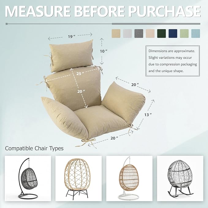 Egg Chair Cushion with 8 Securing Straps, Water-Repellent & Fade-Resistant Faux Linen, Removable Cover, Replacement Cushion for Most Single Outdoor Hanging Swing Egg Chairs – Nature
