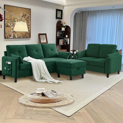 Convertible Sectional Sofa Set, 77" Small L Shaped 3 Seat Couch with Ottoman and 57" Loveseat, Modern Sofa Couches for Living Room, Green