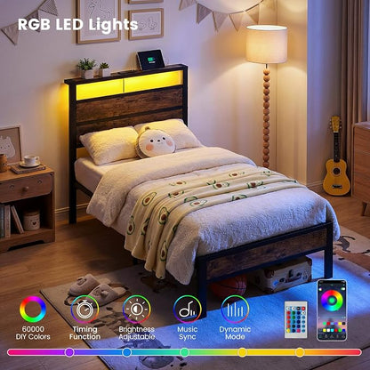 Twin Bed Frame with LED Lights & USB Charging Station, Brown Metal Platform Bed with Storage Headboard, Under-Bed Space, Noise-Free & Sturdy, No Box Spring Needed, Easy Assembly