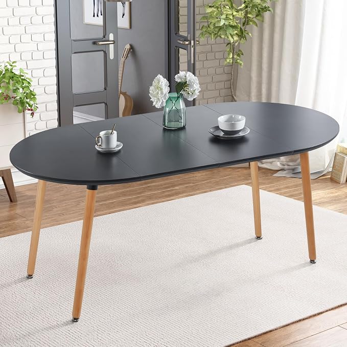 39”-70” Extendable Dining Room Table for 4 6 Mid Century Modern Oval Kitchen Table Solid Wooden Expandable Table for Dining Room Kitchen Living Room Office Black