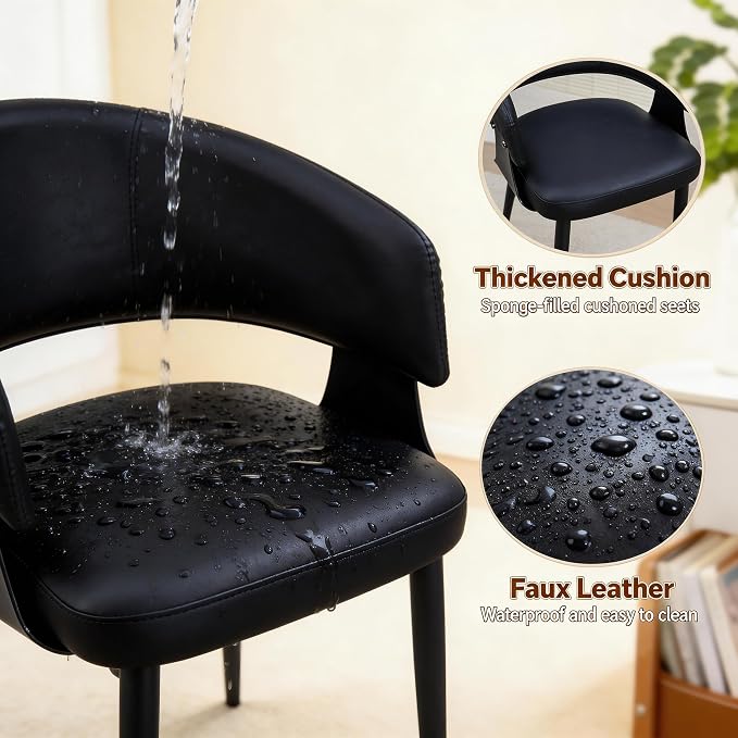 Atoll Modern Accent Dining Chairs Set of 2 with Upholstered PU Leather Seat & Curved Back, Metal Legs, Mid-Century Kitchen Chair for Dining Room, Living Room or Office (2, Black)