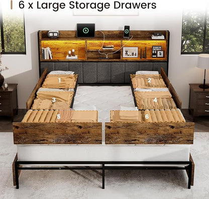 BRELTAM Queen Bed Frame with 6 Storage Drawers, Linen Upholstered Headboard, Built-in USB Charging Station & LED Lighting, Silent Metal Support, No Box Spring Needed, Vintage Brown