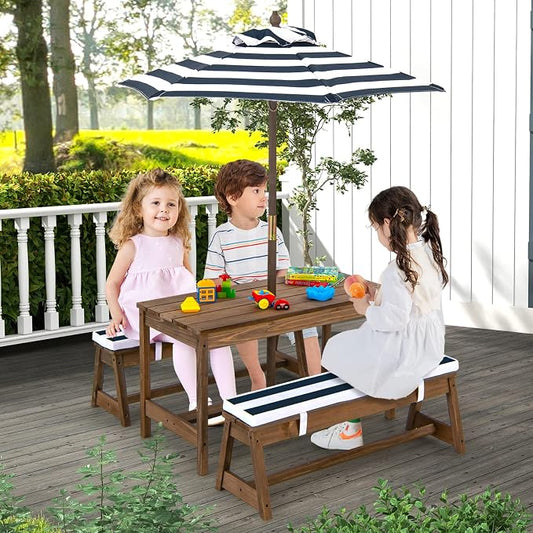 Costzon Kids Picnic Table, Toddler Wood Table & Chair Set w/Cushions, Height Adjustable Umbrella, Children Activity Table Outdoor Furniture Set for Patio, Garden, Backyard, Gift for Ages 3-8 (Blue)