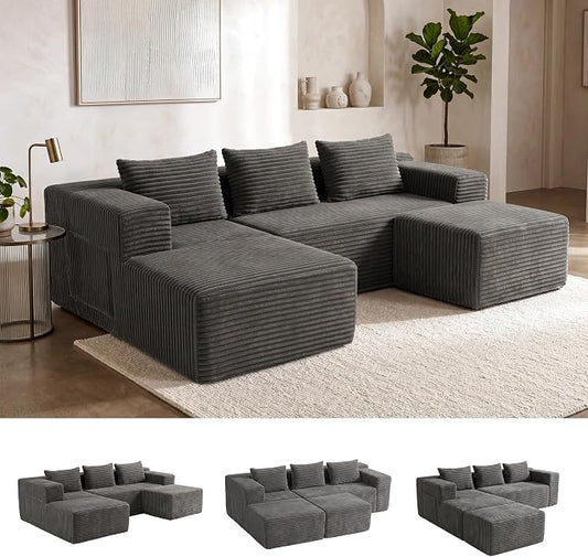 Modular Sectional U-Shaped Sofa with Deep Seat, Modern Boneless Comfy Corduroy Fluffy Couch with Side Pockets and Anti-Slip & Floor-Friendly Bottom for Living Room, No Assembly, Dark Grey