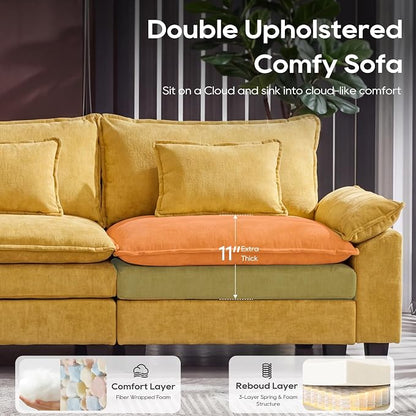 URRED Oversized Modular Sectional Sofa, 157" U Shaped Modern Comfy Cloud Couch with Movable Ottoman & Pillows, Deep Seat Couches for Living Room, Bedroom or Apartment (Chenille Yellow, 157" U Shaped)