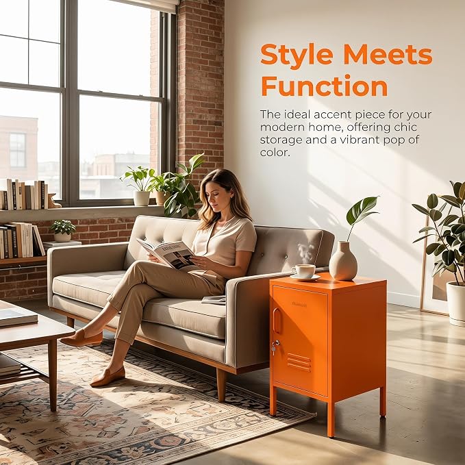 Single Door Lockable Metal End Table & Children's Bedside Table, 2-Tier Storage Cabinet with Adjustable Shelf, Easy Assembly Side Table for Living Room Bedroom Home Office Orange