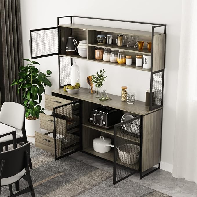 AIEGLE Large Kitchen Hutch Storage Cabinet, Pantry Cabinets with Hutch, Metal Frame Cupboard with Mesh Door, Drawer & Microwave Shelf, Freestanding Kitchen Storage, Rustic (59" W x 15.7" D x 68.5" H)