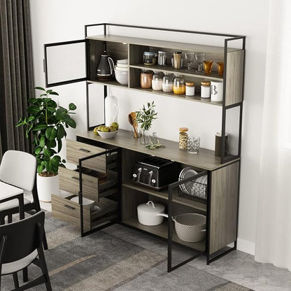 AIEGLE Large Kitchen Hutch Storage Cabinet, Pantry Cabinets with Hutch, Metal Frame Cupboard with Mesh Door, Drawer & Microwave Shelf, Freestanding Kitchen Storage, Rustic (59" W x 15.7" D x 68.5" H)