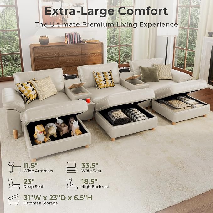 SITJOY Large Cloud Couch, 146" Wide 3 Seater Sofa Bed with Console, White | Pet-Friendly Scratch-Resistant Leather Sectional Sofas for Living Room, Deep Seat Wide Couch with Chaise, Storage Ottoman