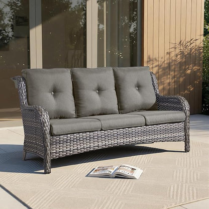Outdoor Couch All Weather PE Wicker Patio Sofa Outdoor Sofa Deep Seating for Porch Deck Backyard-Grey/Grey