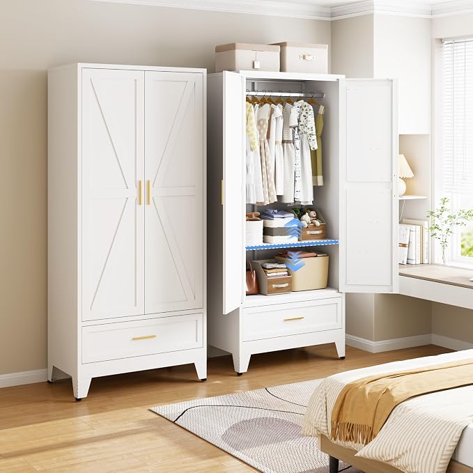Metal Armoire Wardrobe Closet with Drawers, 71" Wardrobe Cabinet with Adjustable Shelves and Hanging Rod for Bedroom, White Metal Closet Storage Cabinet with 2 Doors & 1 Drawer