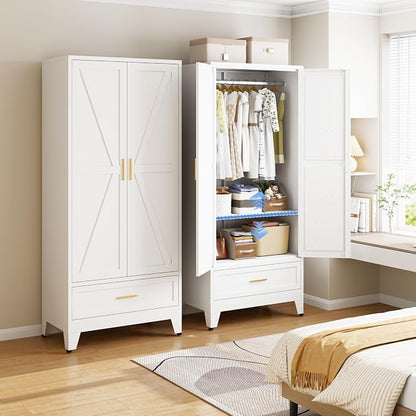 Metal Armoire Wardrobe Closet with Drawers, 71" Wardrobe Cabinet with Adjustable Shelves and Hanging Rod for Bedroom, White Metal Closet Storage Cabinet with 2 Doors & 1 Drawer