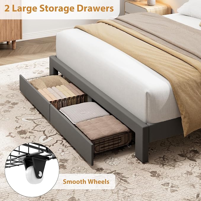 Garvee Queen Size Bed Frame with 2 Storage Drawers & Adjustable Headboard, Velvet Upholstered Platform Queen Bed Frame, Wooden Slats Support, No Box Spring Needed, Easy Assembly, Grey