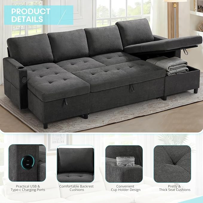 110" U-Shaped Pull Out Sofa Bed w/Adjustable Backrests, Grey | Sectional Sleeper Couch w/Convenient USB Ports & Storage Chaise, Upholstered Sofa Bed w/Cup Holders for Living Room, House