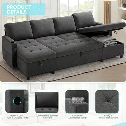 110" U-Shaped Pull Out Sofa Bed w/Adjustable Backrests, Grey | Sectional Sleeper Couch w/Convenient USB Ports & Storage Chaise, Upholstered Sofa Bed w/Cup Holders for Living Room, House