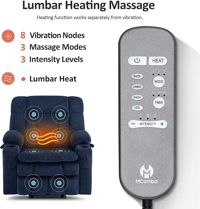 MCombo Small Dual Motor Power Lift Recliner Chair for Elderly, Zero Gravity Lift Chair with Heat and Massage, Lay Flat Recliner for Petite, USB Ports, Fabric R7894 (Small-Wide, Navy Blue)
