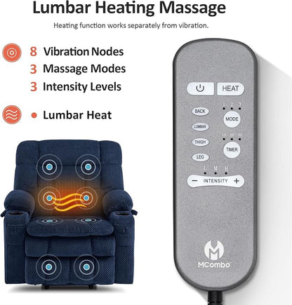 MCombo Small Dual Motor Power Lift Recliner Chair for Elderly, Zero Gravity Lift Chair with Heat and Massage, Lay Flat Recliner for Petite, USB Ports, Fabric R7894 (Small-Wide, Navy Blue)