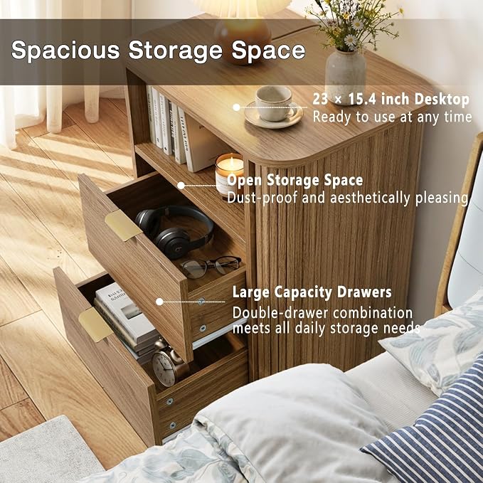 SoarFlash 3‑Piece Fluted Bedroom Furniture Set, 6‑Drawer Cabinet & 2‑Drawer Nightstands, French Modern Vintage Wood Storage Unit for Bedroom Entryway Hallway, Brown