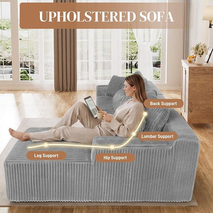 110" L Shaped Cloud Boneless Sectional Couches for Living Room, Modern Comfy Modular Deep Seat Memory Foam Compressed Corduroy Sofa Oversized Right Facing Chaise, No Assembly Required, Grey