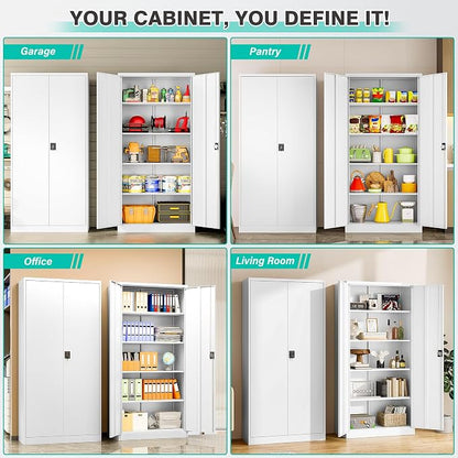 SISESOL White Metal Storage Cabinet with Adjustable Shelves,71" Tall Metal Cabinet with Locking Doors,Steel Cabinet with Lock,Lockable Storage Cabinets for Home,Office,Kitchen,Laundry,Pantry