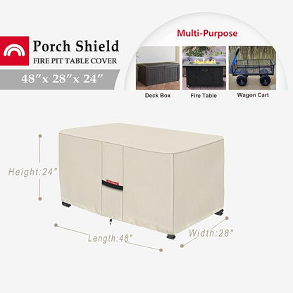 Porch Shield Patio Fire Pit Cover - Waterproof 600D Outdoor Rectangular Fire Table Cover Deck Box Protector - 48 x 28 inch, Beige
