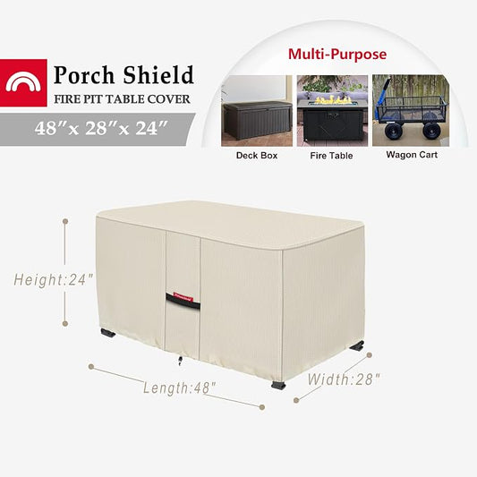 Porch Shield Patio Fire Pit Cover - Waterproof 600D Outdoor Rectangular Fire Table Cover Deck Box Protector - 48 x 28 inch, Beige