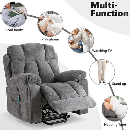 CANMOV Large Power Lift Recliner Chairs with Massage and Heat for Elderly Big People, Heavy Duty Motion Reclining Mechanism-Anti Skid Fabric Recliner Chair with 2 Concealed Cup Holders,Dark Gray